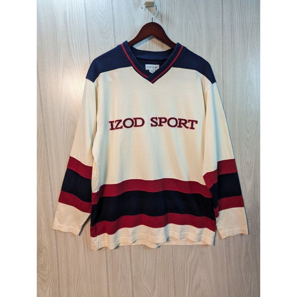 Vtg 90s Izod Sport Embroidered Logo Sweatshirt Sz M Fleece Rare Red Blue Stripe